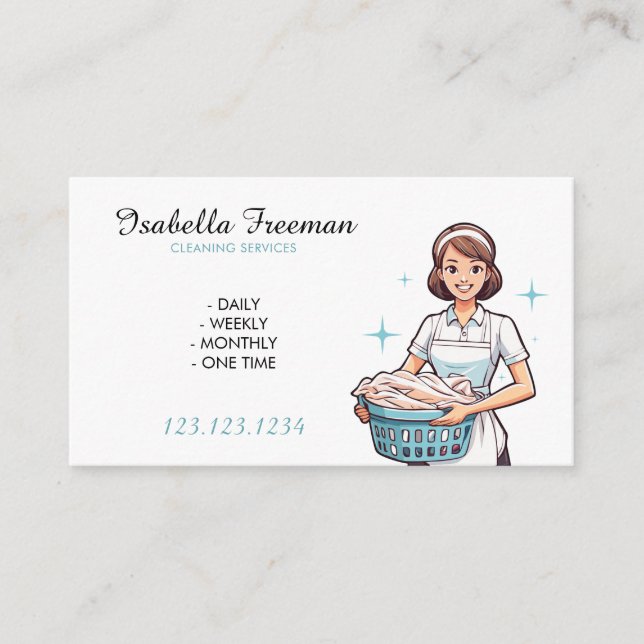 Cartoon White Laundry House Maid Cleaning Business Card (Front)