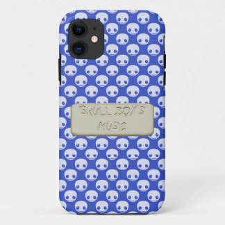 Cartoon White Skulls on Blue Scratched Text Effect iPhone 11 Case