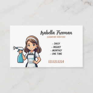 Cartoon White Sprayer Maid House Cleaning Business Card