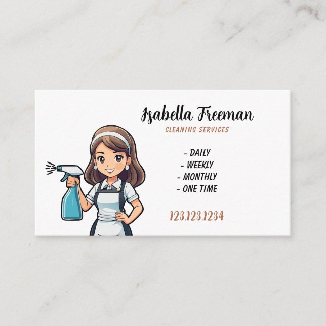 Cartoon White Sprayer Maid House Cleaning Business Card (Front)