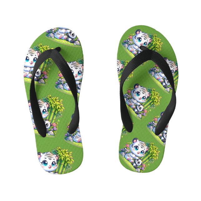 Cartoon White Tiger & Panda | Kid's Flip Flops (Footbed)