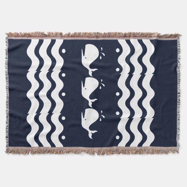 Cartoon White WHALE on dark blue Throw Blanket (Front)