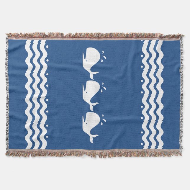 Cartoon White WHALE on medium blue Throw Blanket (Front)
