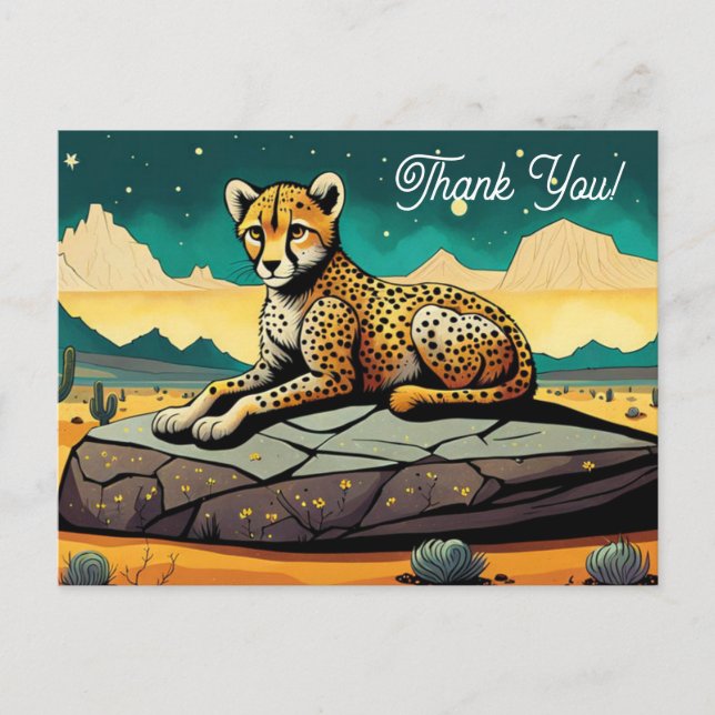 Cartoon Wild Leopard At Desert Thank You Postcard (Front)