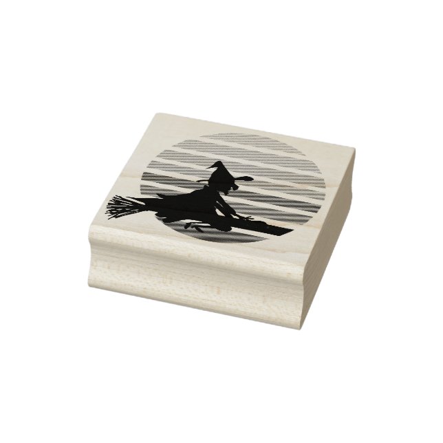 Cartoon witch flying at night across the moon rubber stamp (Stamp)