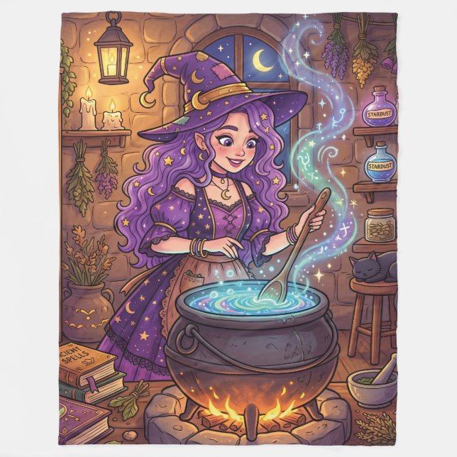 Cartoon Witch Making Love Potion Fleece Blanket (Front)
