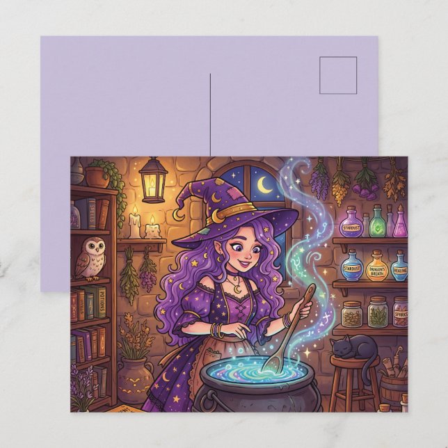 Cartoon Witch Making Love Potion Holiday Postcard (Front/Back)