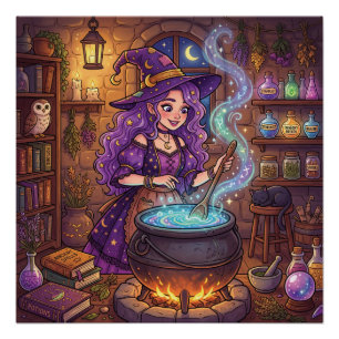 Cartoon Witch Making Love Potion Poster