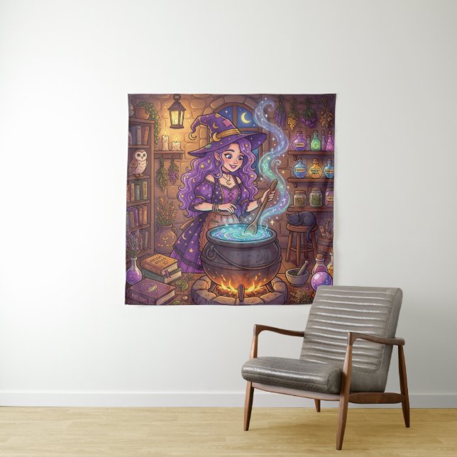 Cartoon Witch Making Love Potion Tapestry (In Situ)