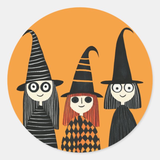 Cartoon Witches Spooky Cute Halloween Classic Round Sticker (Front)