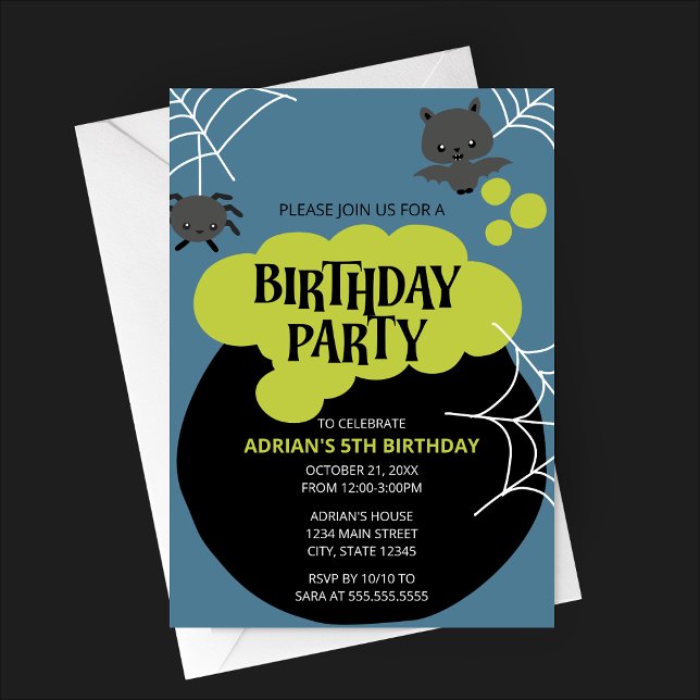 Cartoon Witch's Cauldron Halloween Birthday Party Invitation (Blue Witch's Cauldron Halloween Birthday Party Invitation| Cartoon Bat and Spider)