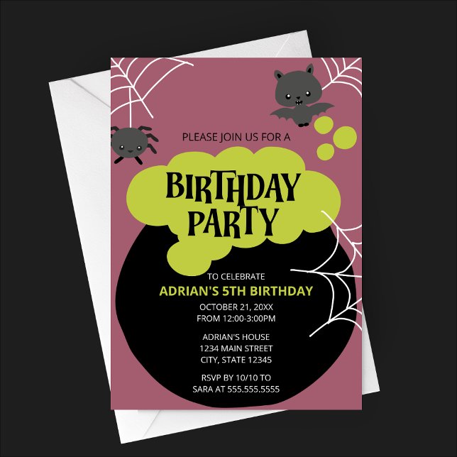 Cartoon Witch's Cauldron Halloween Birthday Party Invitation (Purple Witch's Cauldron Halloween Birthday Party Invitation| Cartoon Bat and Spider)