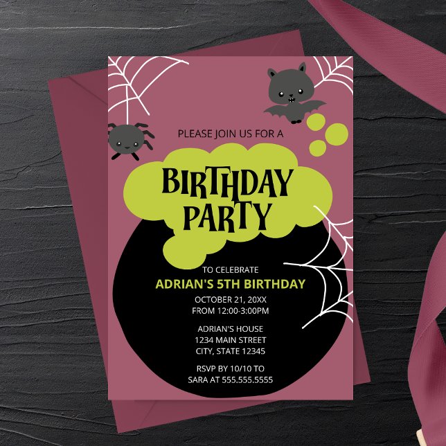 Cartoon Witch's Cauldron Halloween Birthday Party Invitation (Purple Witch's Cauldron Halloween Birthday Party Invitation| Cartoon Bat and Spider)