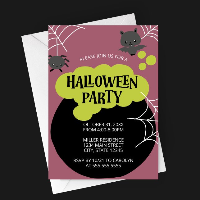 Cartoon Witch's Cauldron Kid's Halloween Party Invitation (Retro Witch's Cauldron Halloween Party Invitation with Cartoon Characters on Purple Background)