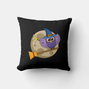 Cartoon Wizard Owl Flying on Broom Cushion