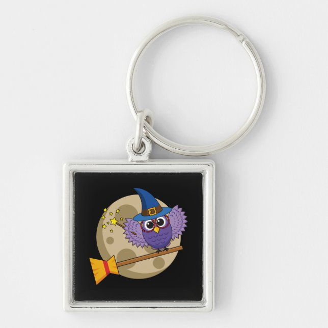Cartoon Wizard Owl Flying on Broom Key Ring (Front)