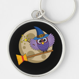 Cartoon Wizard Owl Flying on Broom Key Ring