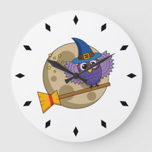Cartoon Wizard Owl Flying on Broom Large Clock