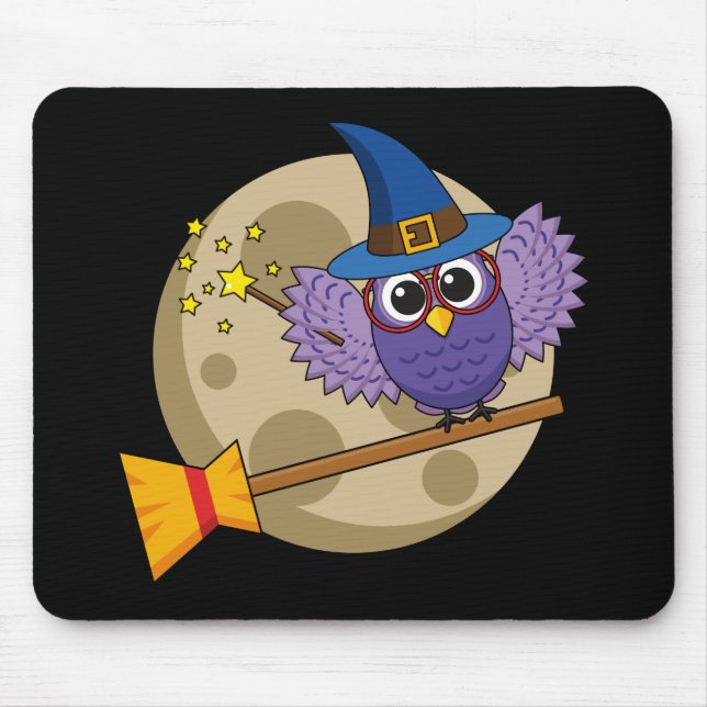 Cartoon Wizard Owl Flying on Broom Mouse Mat (Front)
