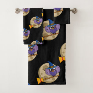 Cartoon Wizard Owl Flying on Broom Pattern Bath Towel Set