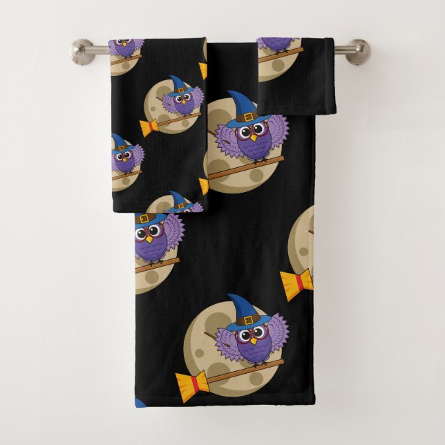 Cartoon Wizard Owl Flying on Broom Pattern Bath Towel Set (Insitu)