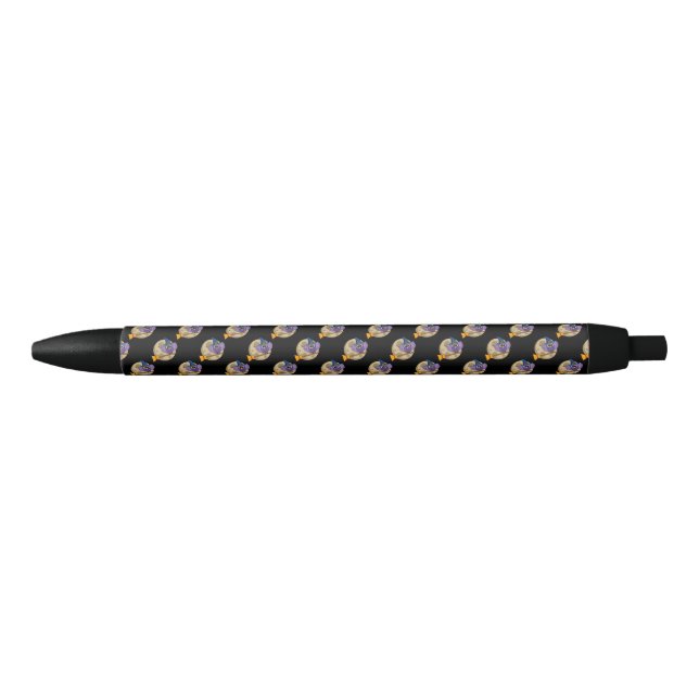 Cartoon Wizard Owl Flying on Broom Pattern Black Ink Pen (Front)