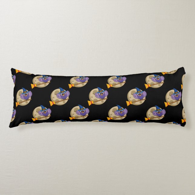 Cartoon Wizard Owl Flying on Broom Pattern Body Cushion (Front)