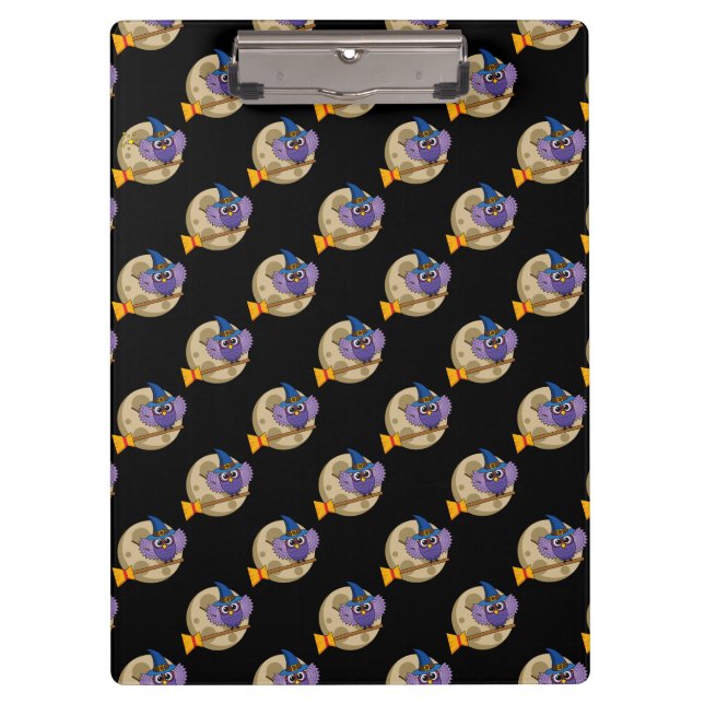 Cartoon Wizard Owl Flying on Broom Pattern Clipboard (Front)