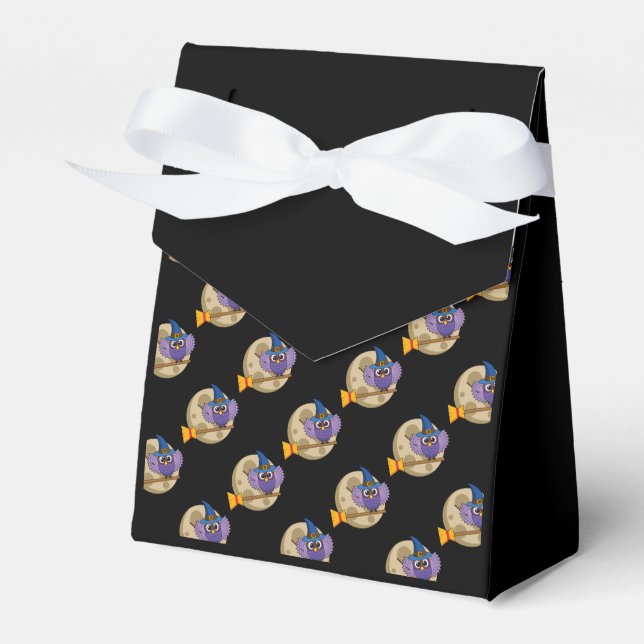 Cartoon Wizard Owl Flying on Broom Pattern Favour Box (Front Side)