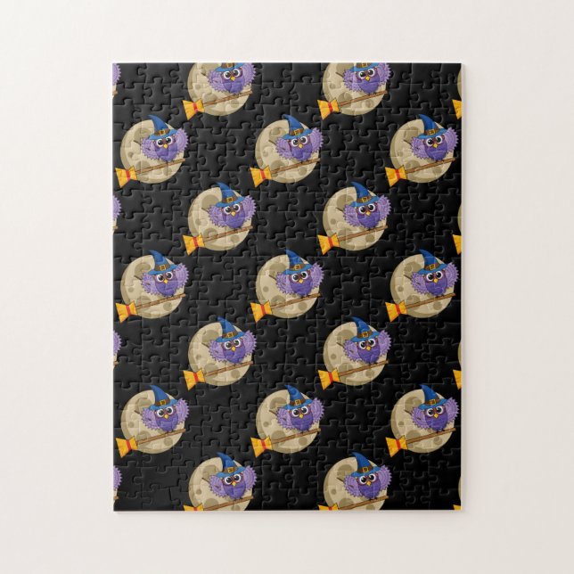 Cartoon Wizard Owl Flying on Broom Pattern Jigsaw Puzzle (Vertical)