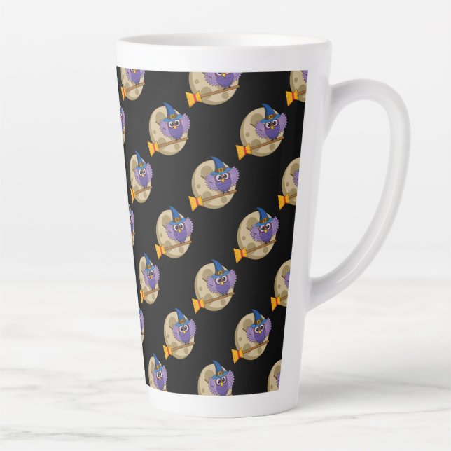 Cartoon Wizard Owl Flying on Broom Pattern Latte Mug (Right)