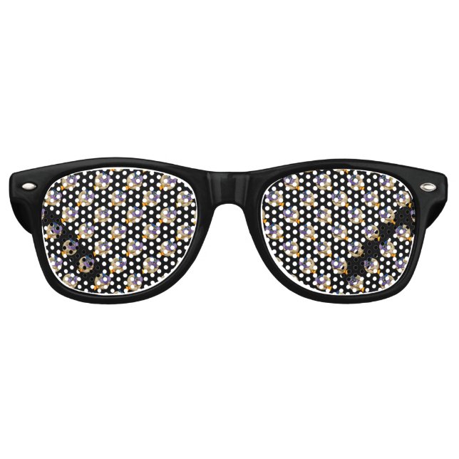 Cartoon Wizard Owl Flying on Broom Pattern Retro Sunglasses (Front)