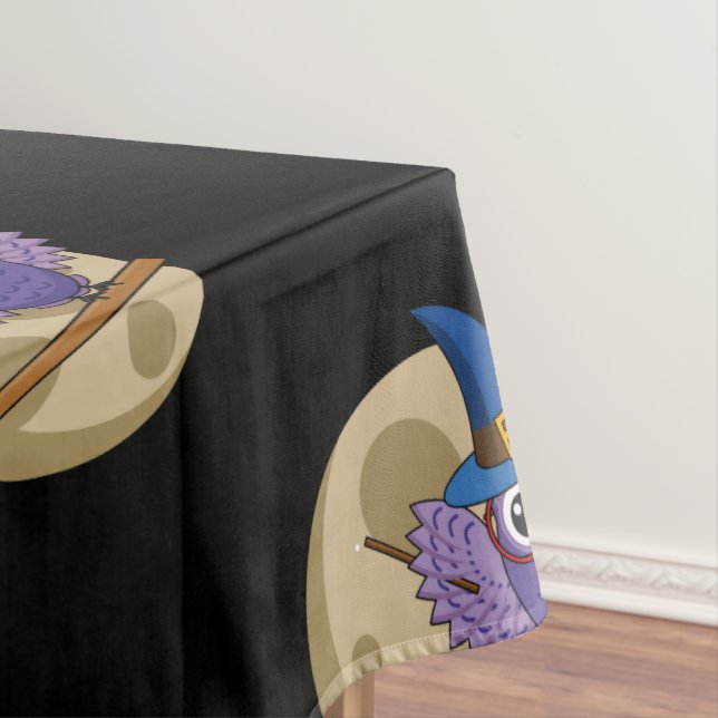 Cartoon Wizard Owl Flying on Broom Pattern Tablecloth (In Situ)