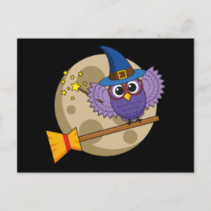 Cartoon Wizard Owl Flying on Broom Postcard