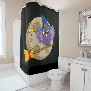 Cartoon Wizard Owl Flying on Broom Shower Curtain