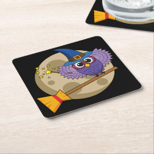 Cartoon Wizard Owl Flying on Broom Square Paper Coaster