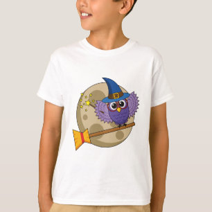 Cartoon Wizard Owl Flying on Broom T-Shirt