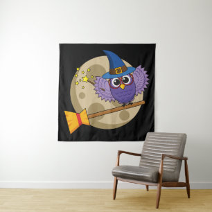 Cartoon Wizard Owl Flying on Broom Tapestry