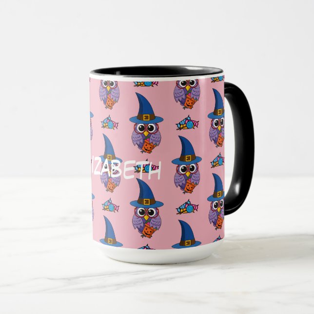 Cartoon Wizard Owl - Pattern | Add Your Name Mug (Front Right)