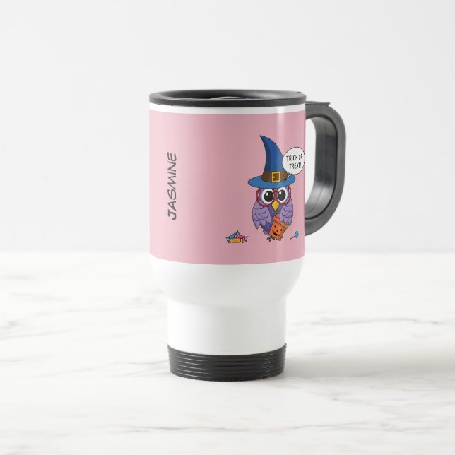 Cartoon Wizard Owl - Trick or Treat | Add Name Travel Mug (Front Right)