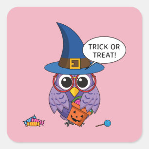 Cartoon Wizard Owl - Trick or Treat Square Sticker