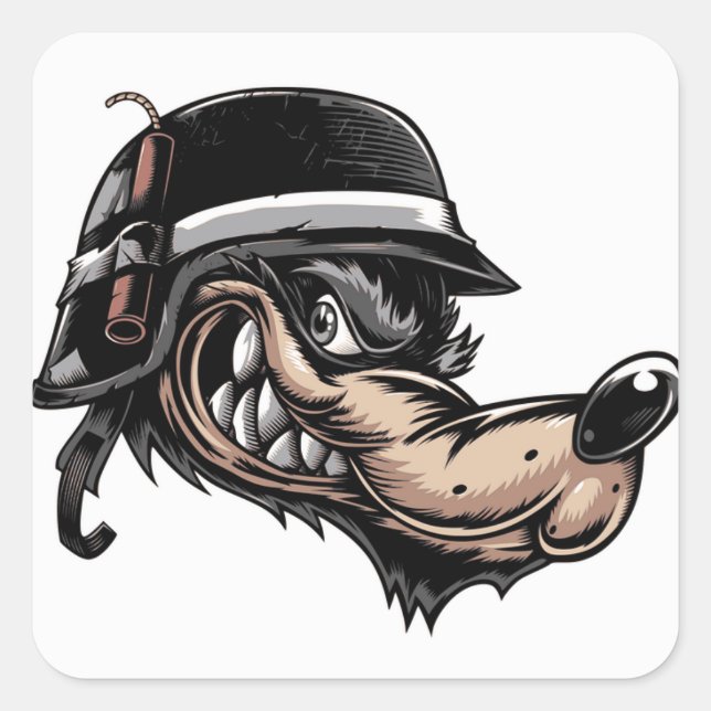 Cartoon Wolf Square Sticker (Front)