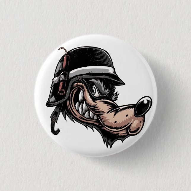 Cartoon wolf with a dynamite on his German helmet 3 Cm Round Badge (Front)