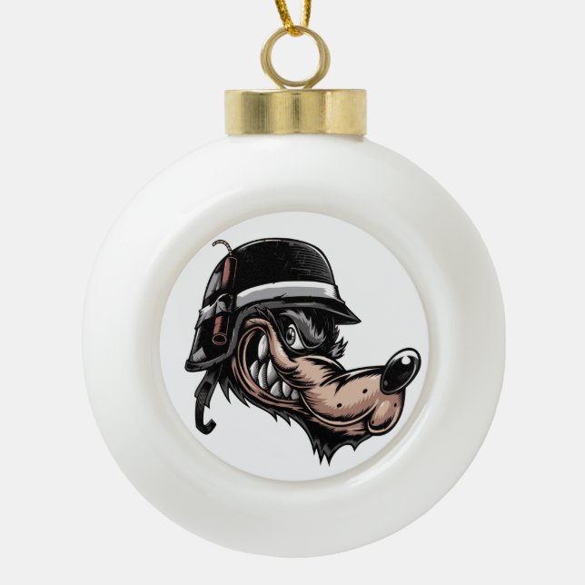 Cartoon wolf with a dynamite on his German helmet Ceramic Ball Christmas Ornament (Front)
