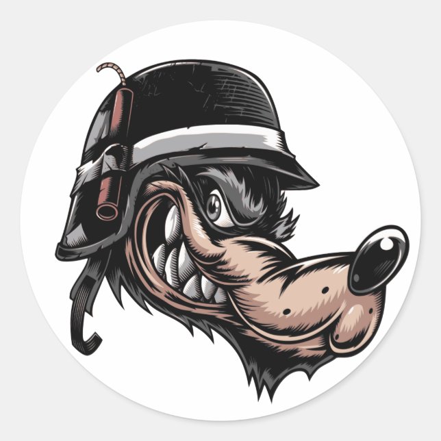 Cartoon wolf with a dynamite on his German helmet Classic Round Sticker (Front)