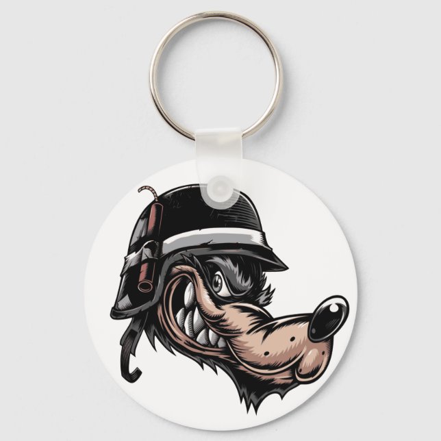 Cartoon wolf with a dynamite on his German helmet Key Ring (Front)