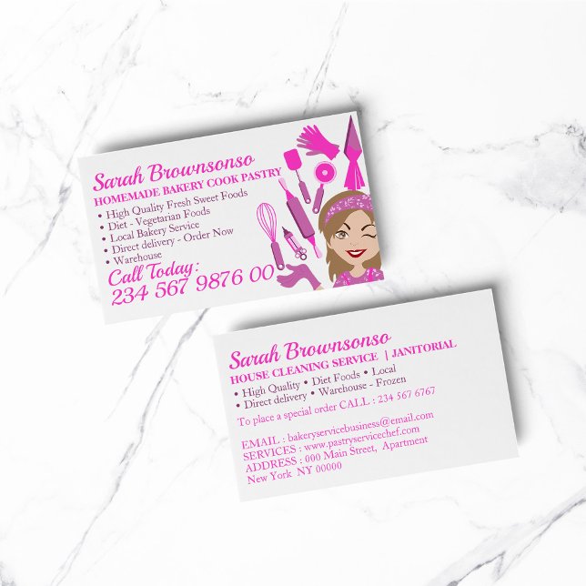 Cartoon Woman Chef Pink Bakery Cake Pastry Cooking Business Card (bakery business  chef)