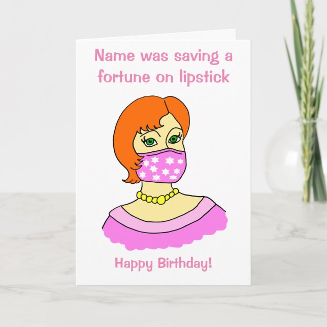 Cartoon Woman Face Mask Lipstick Red Birthday Card (Front)