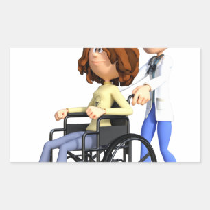 Cartoon Woman in Wheelchair with Doctor Rectangular Sticker