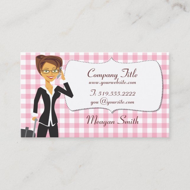 Cartoon Woman on Customisable Pink Gingham Card (Front)